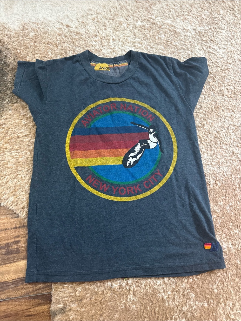 Aviator Nation Kids Black Tee with Multicolor Retro NY Emblem